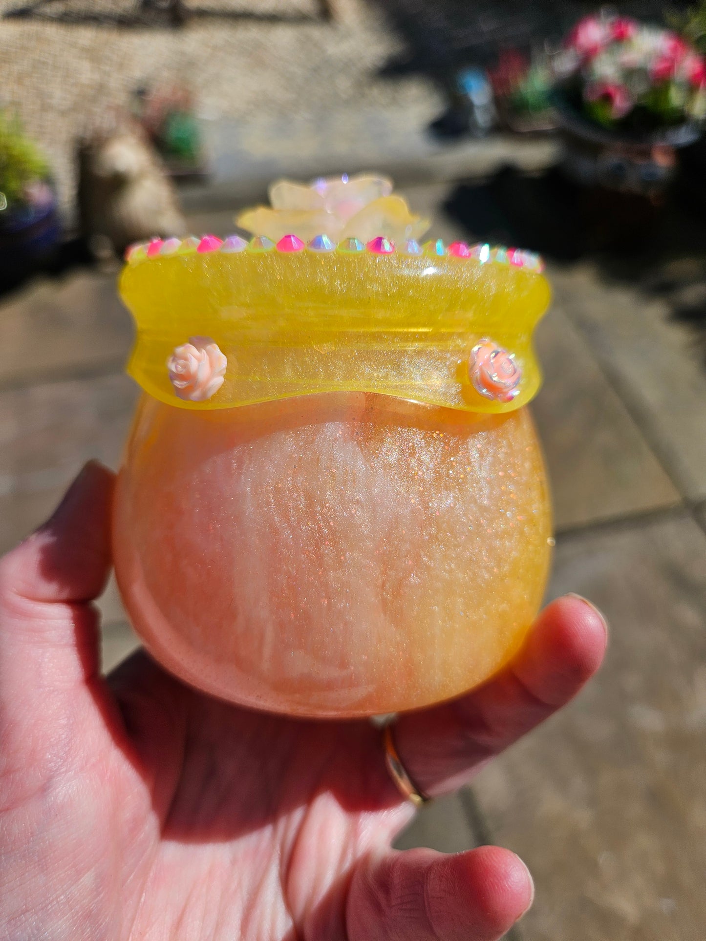 Pretty flower trinket pot/whimsical honey pot style jewellery holder/sparkly rhinestone storage dish/girl's bedroom home decor/ unique birthday gift daughter sister