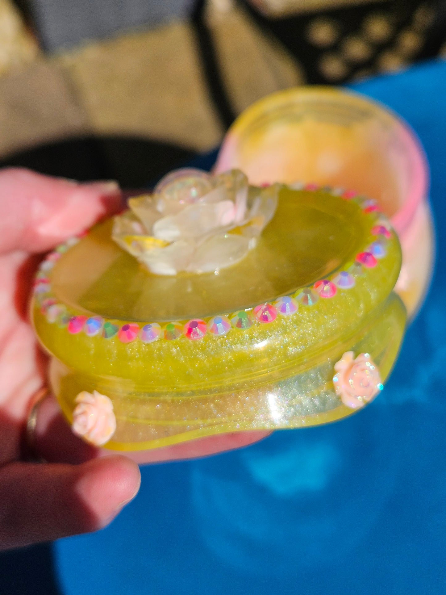 Pretty flower trinket pot/whimsical honey pot style jewellery holder/sparkly rhinestone storage dish/girl's bedroom home decor/ unique birthday gift daughter sister
