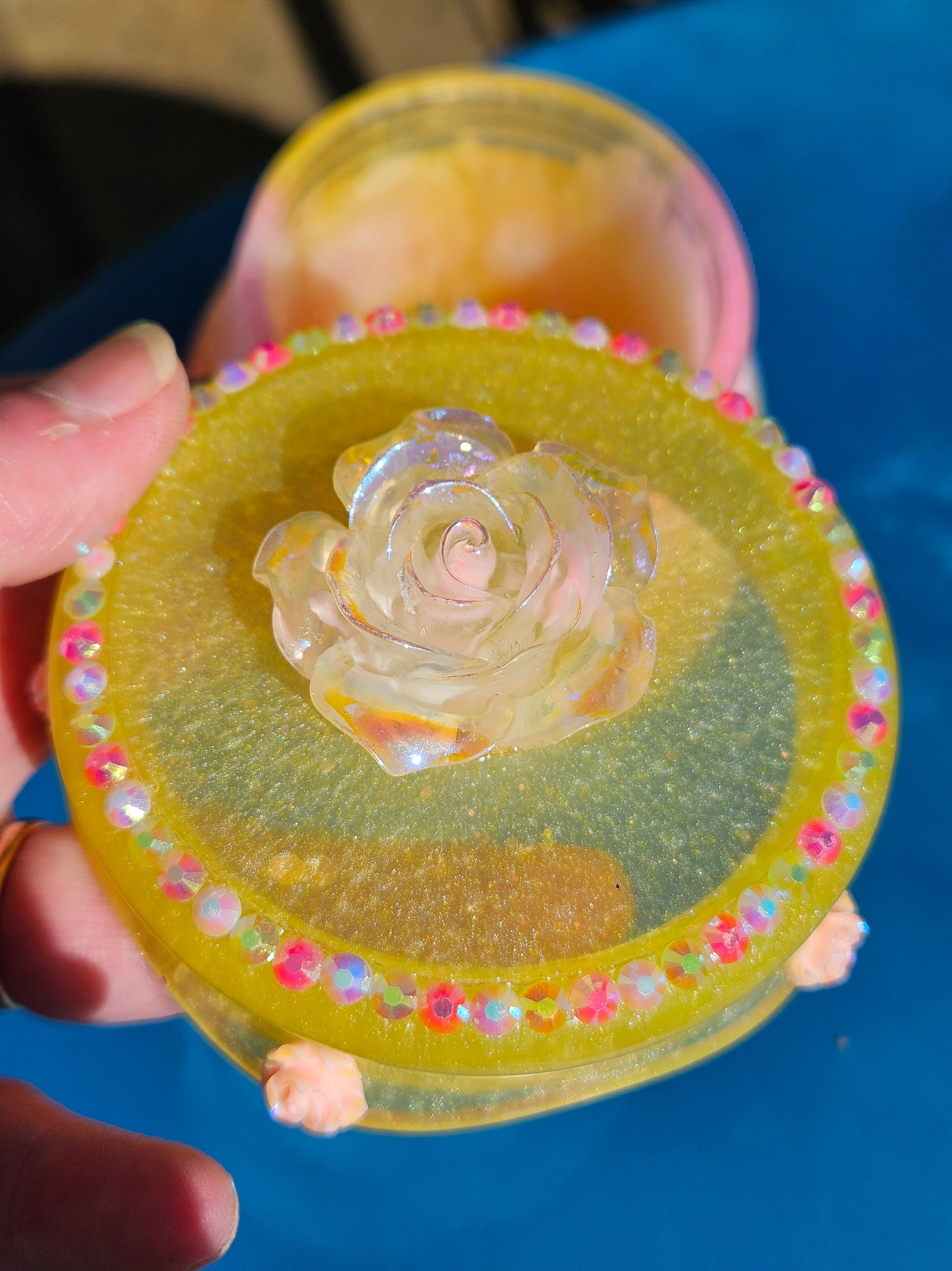 Pretty flower trinket pot/whimsical honey pot style jewellery holder/sparkly rhinestone storage dish/girl's bedroom home decor/ unique birthday gift daughter sister