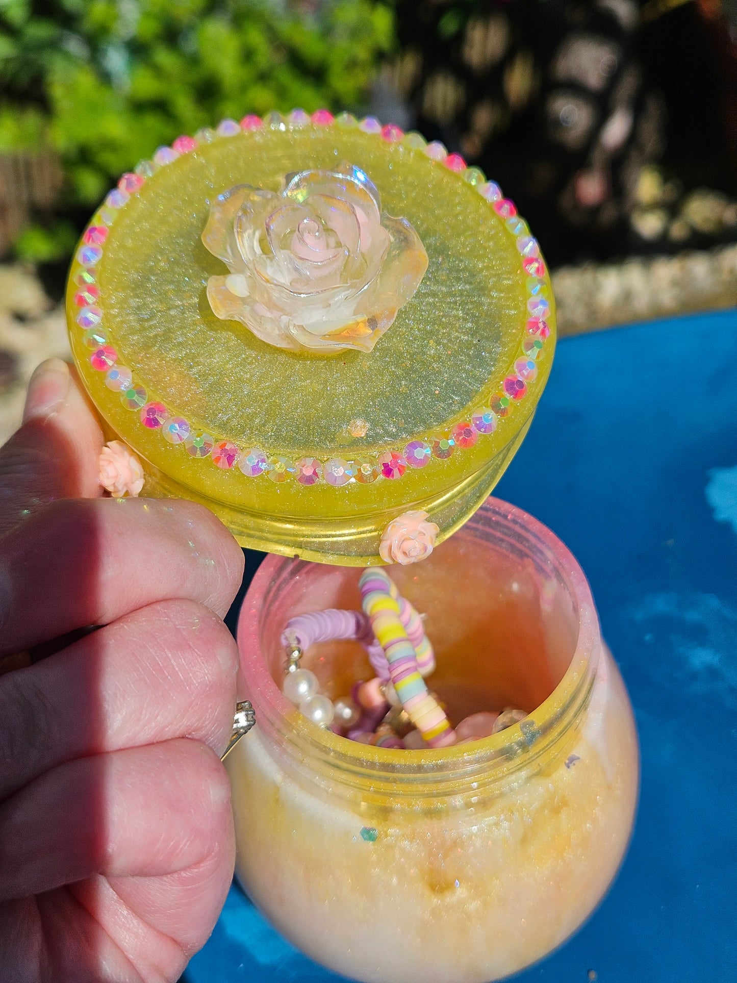 Pretty flower trinket pot/whimsical honey pot style jewellery holder/sparkly rhinestone storage dish/girl's bedroom home decor/ unique birthday gift daughter sister