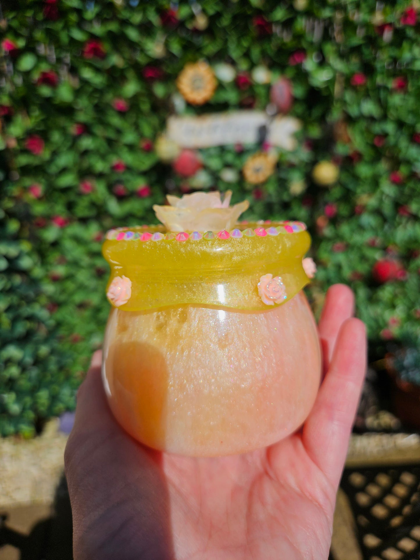 Pretty flower trinket pot/whimsical honey pot style jewellery holder/sparkly rhinestone storage dish/girl's bedroom home decor/ unique birthday gift daughter sister