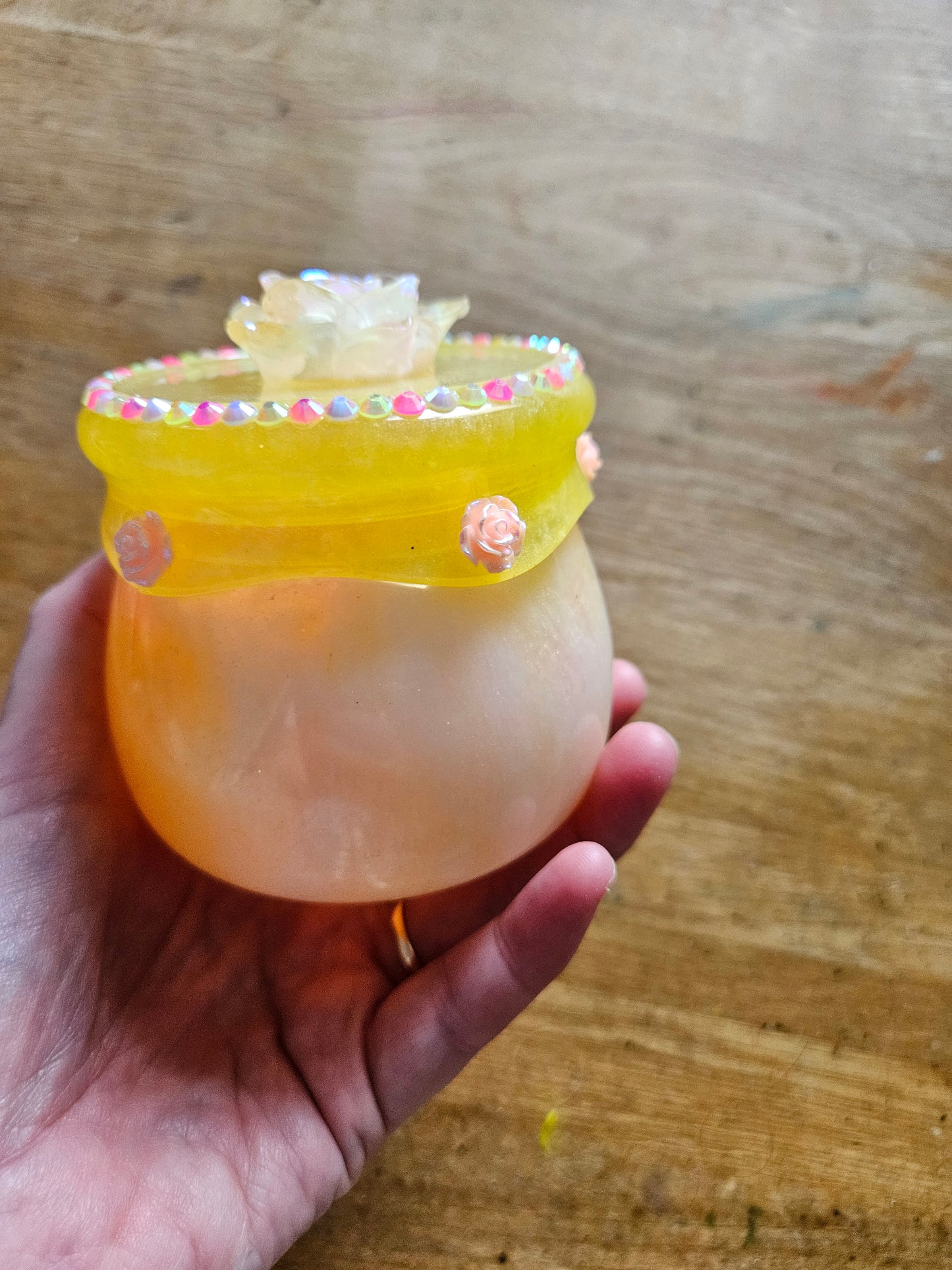 Pretty flower trinket pot/whimsical honey pot style jewellery holder/sparkly rhinestone storage dish/girl's bedroom home decor/ unique birthday gift daughter sister