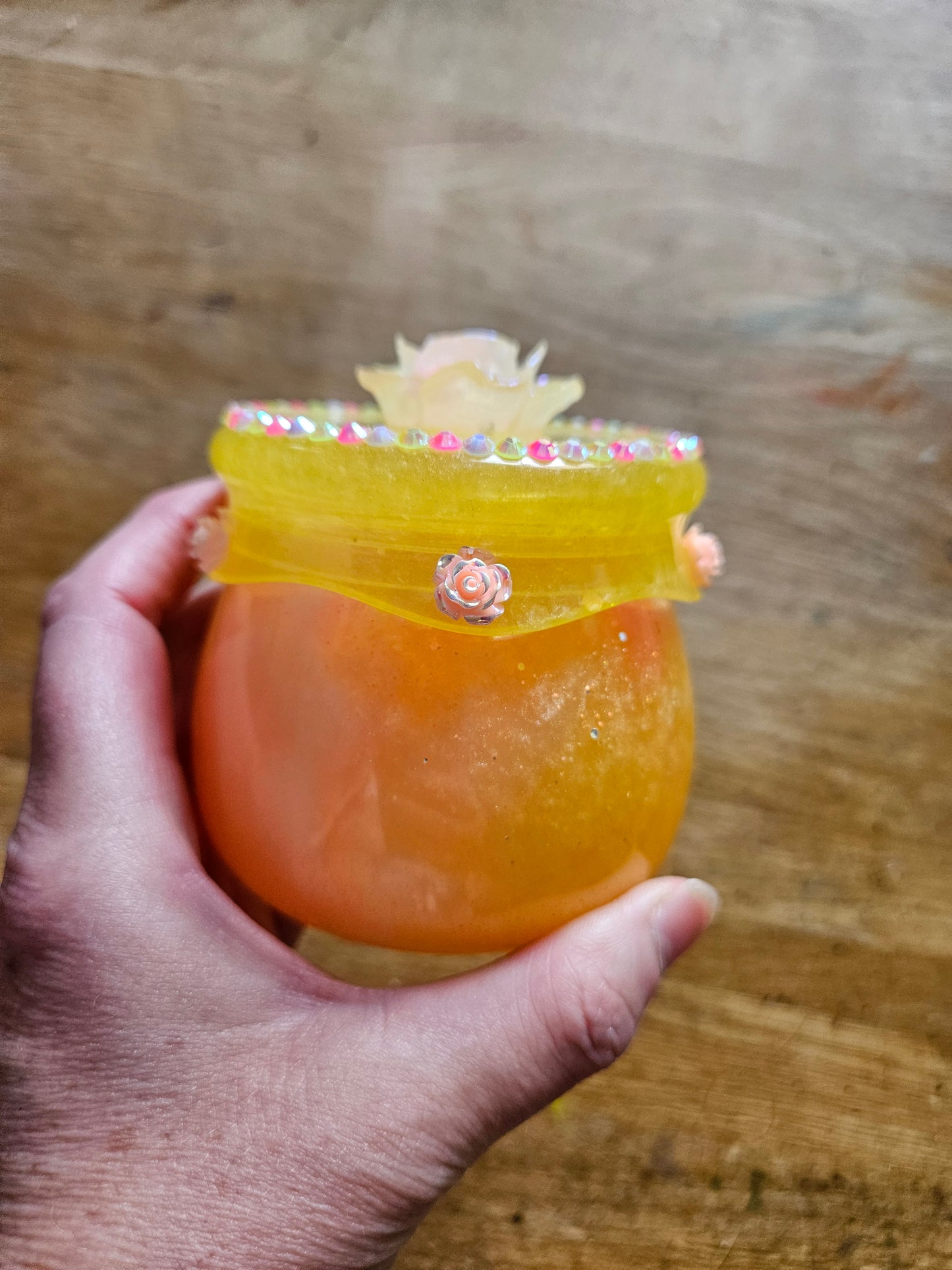 Pretty flower trinket pot/whimsical honey pot style jewellery holder/sparkly rhinestone storage dish/girl's bedroom home decor/ unique birthday gift daughter sister