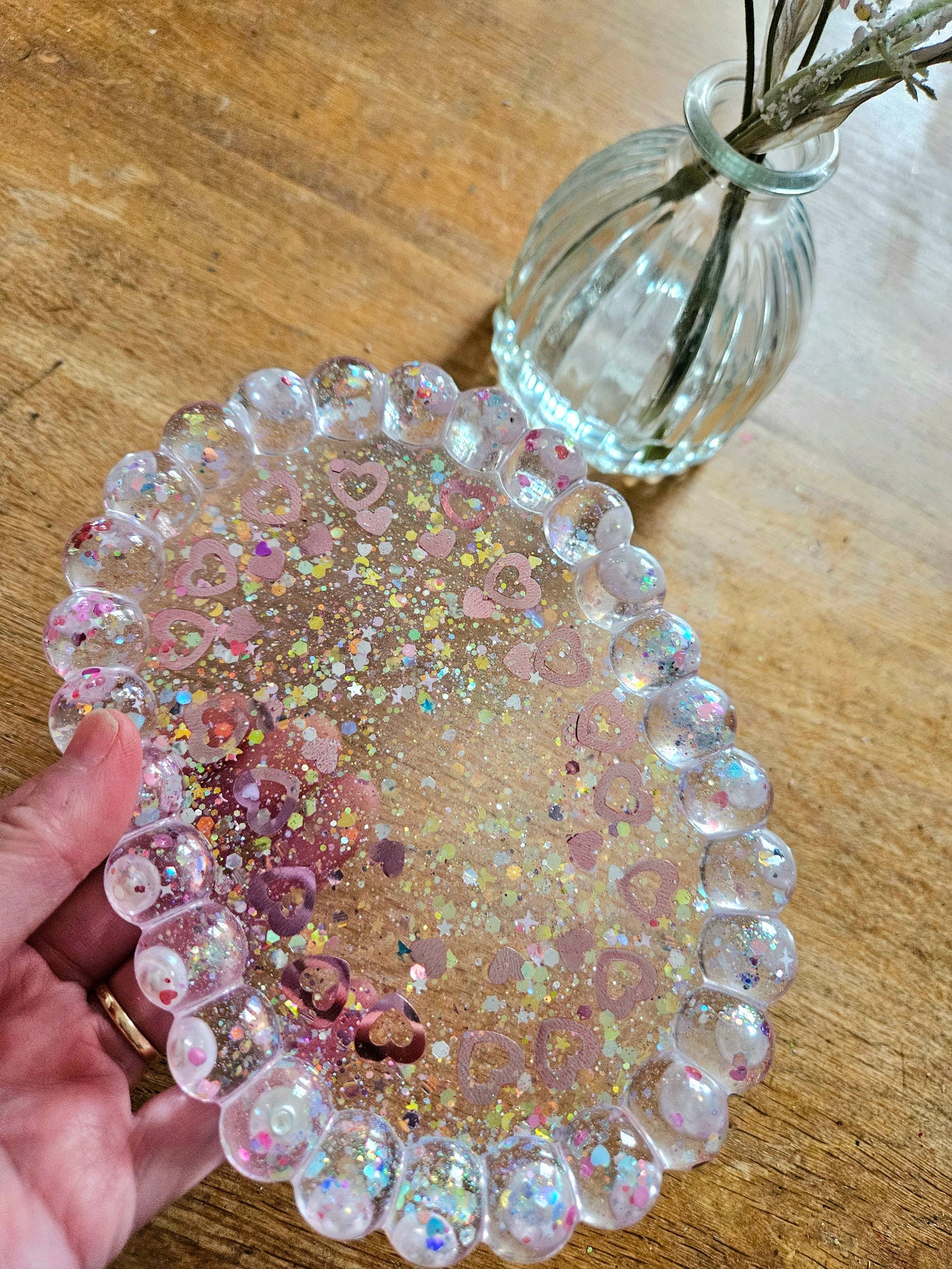 Bubble rim pearl and loveheart tray/Decorative and stylish home decor/Resin jewellery holder/dish/New Home, Anniversay or Birthday Gift