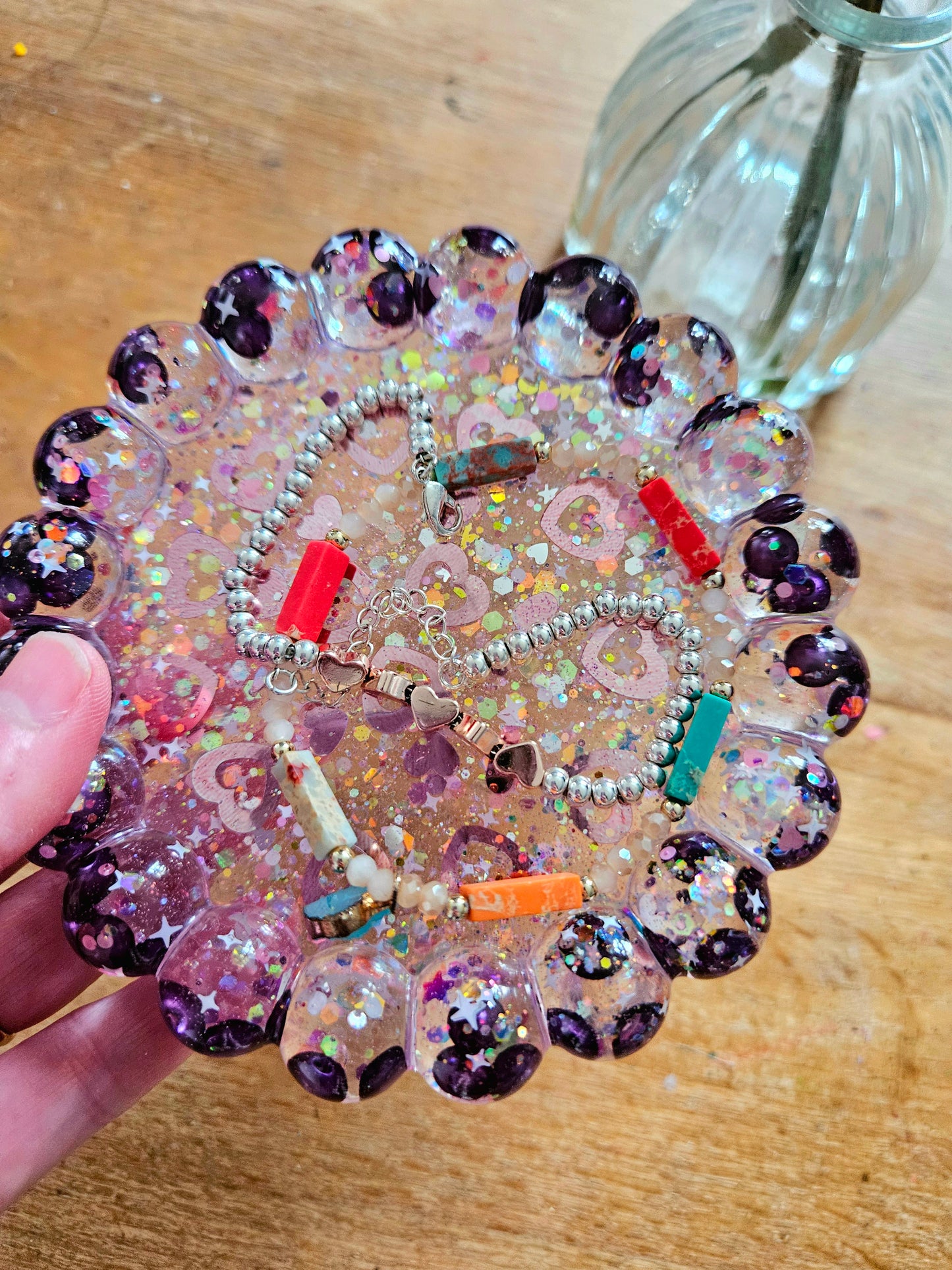 Bubble rim pearl and loveheart trinket dish/Decorative resin coaster or holder/Whimsy home decor/ Anniversay or Birthday Gift