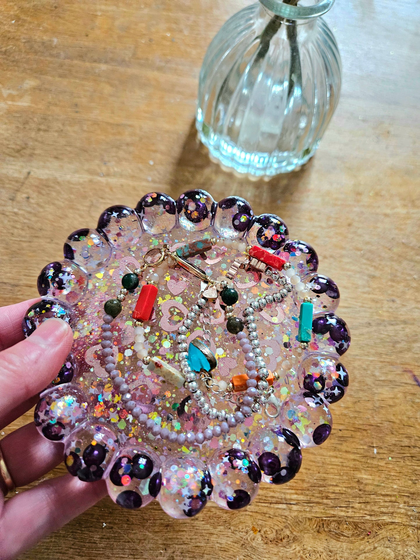 Bubble rim pearl and loveheart trinket dish/Decorative resin coaster or holder/Whimsy home decor/ Anniversay or Birthday Gift