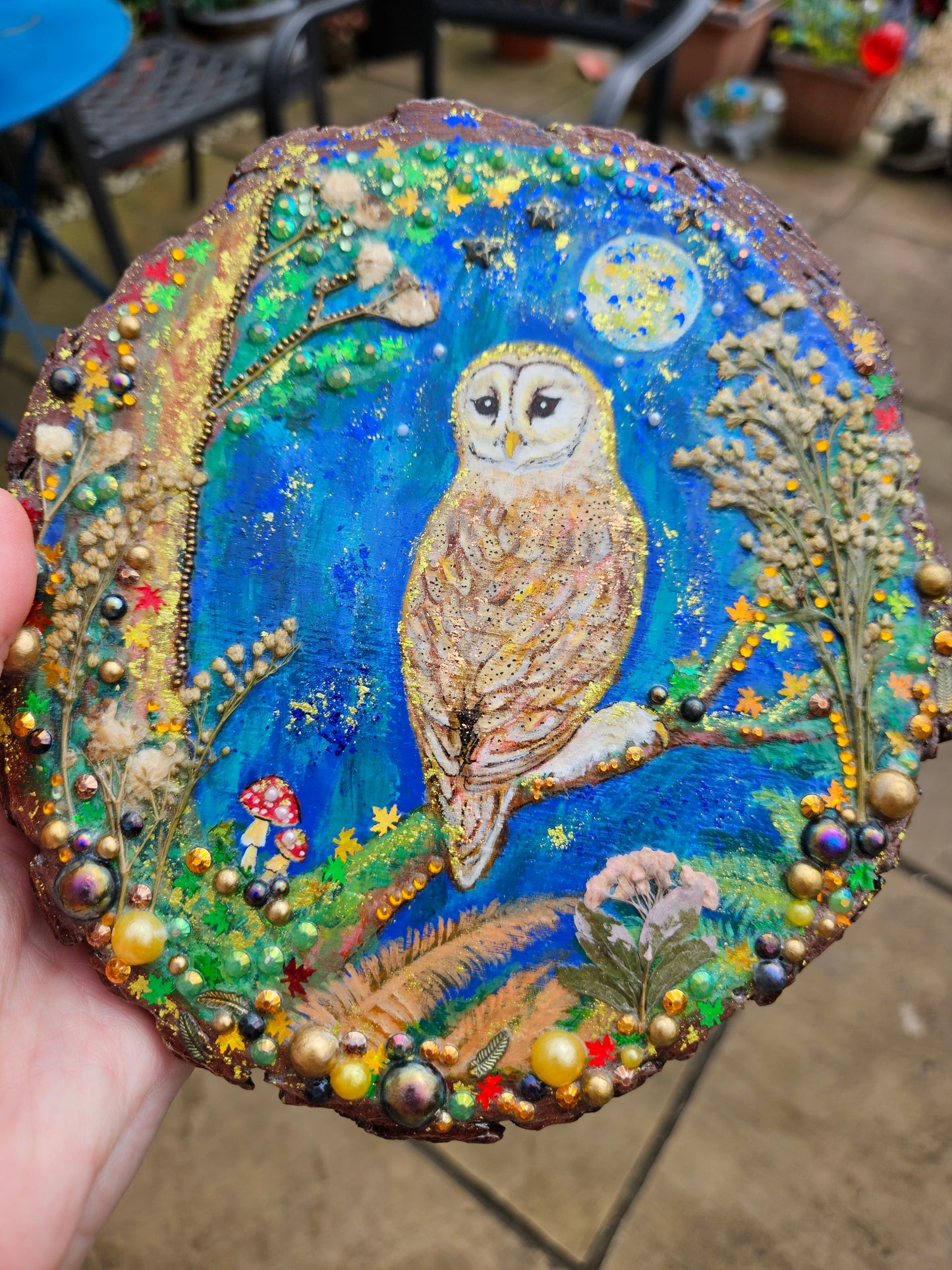 Large Wood Slice/hand painted plaque with owl and moon night theme/whimsical and embellished painting/unique one of a kind, handcrafted artwork/new home or birthday gift for bird/nature/whimsy lover