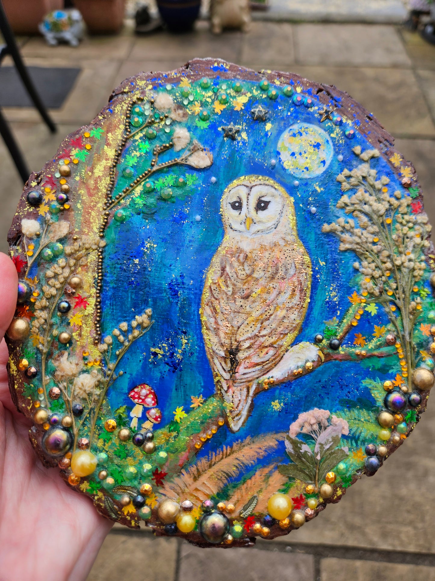 Large Wood Slice/hand painted plaque with owl and moon night theme/whimsical and embellished painting/unique one of a kind, handcrafted artwork/new home or birthday gift for bird/nature/whimsy lover
