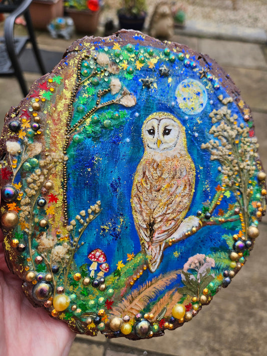 Large Wood Slice/hand painted plaque with owl and moon night theme/whimsical and embellished painting/unique one of a kind, handcrafted artwork/new home or birthday gift for bird/nature/whimsy lover