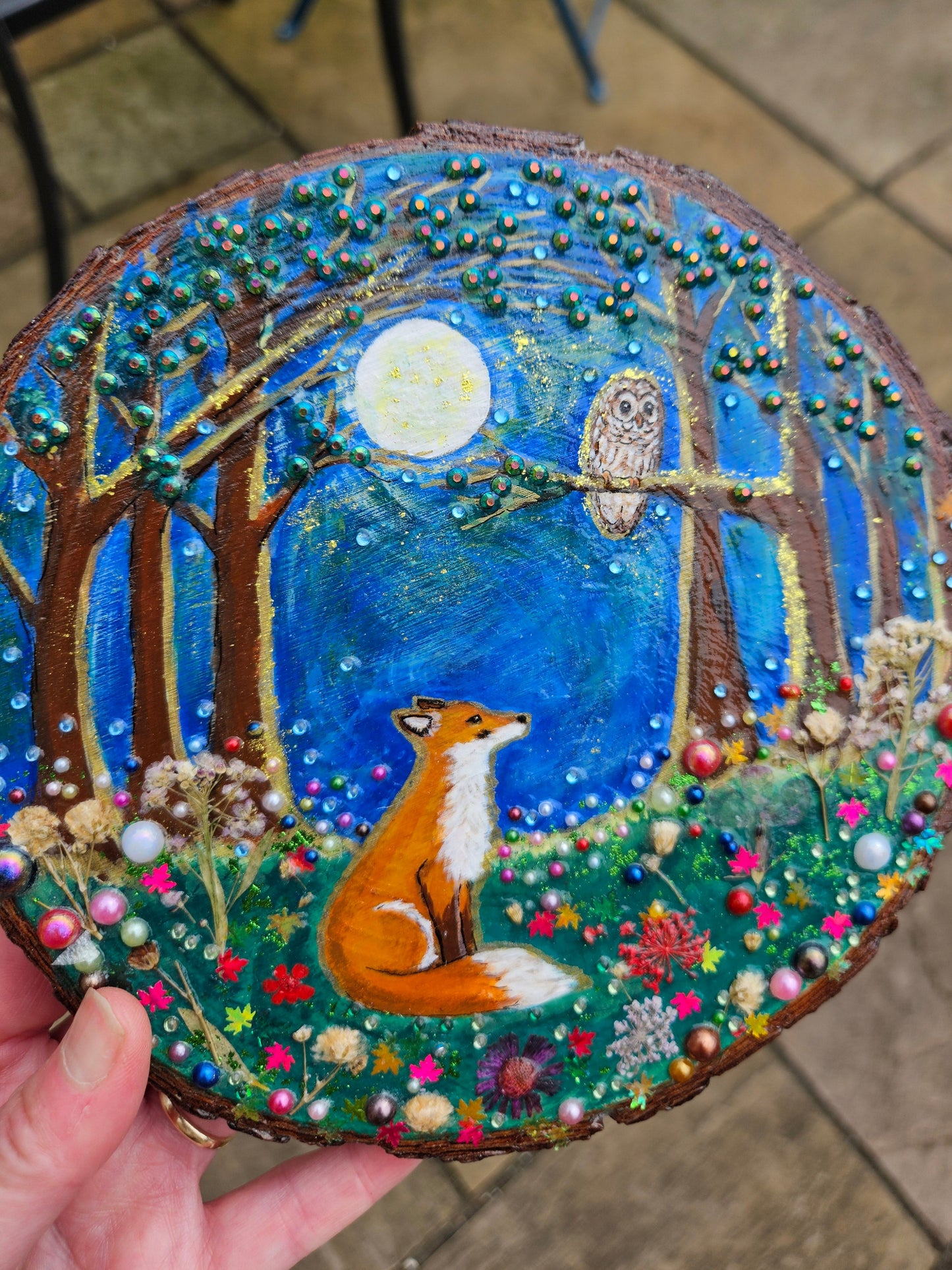 Large Wood Slice/hand painted plaque with fox and owl/whimsical and embellished painting/unique one of a kind, handcrafted artwork/new home or birthday gift for animal/whimsy lover