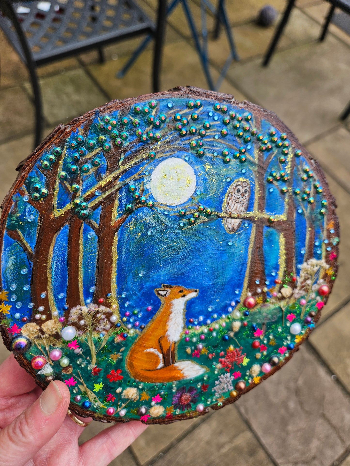 Large Wood Slice/hand painted plaque with fox and owl/whimsical and embellished painting/unique one of a kind, handcrafted artwork/new home or birthday gift for animal/whimsy lover