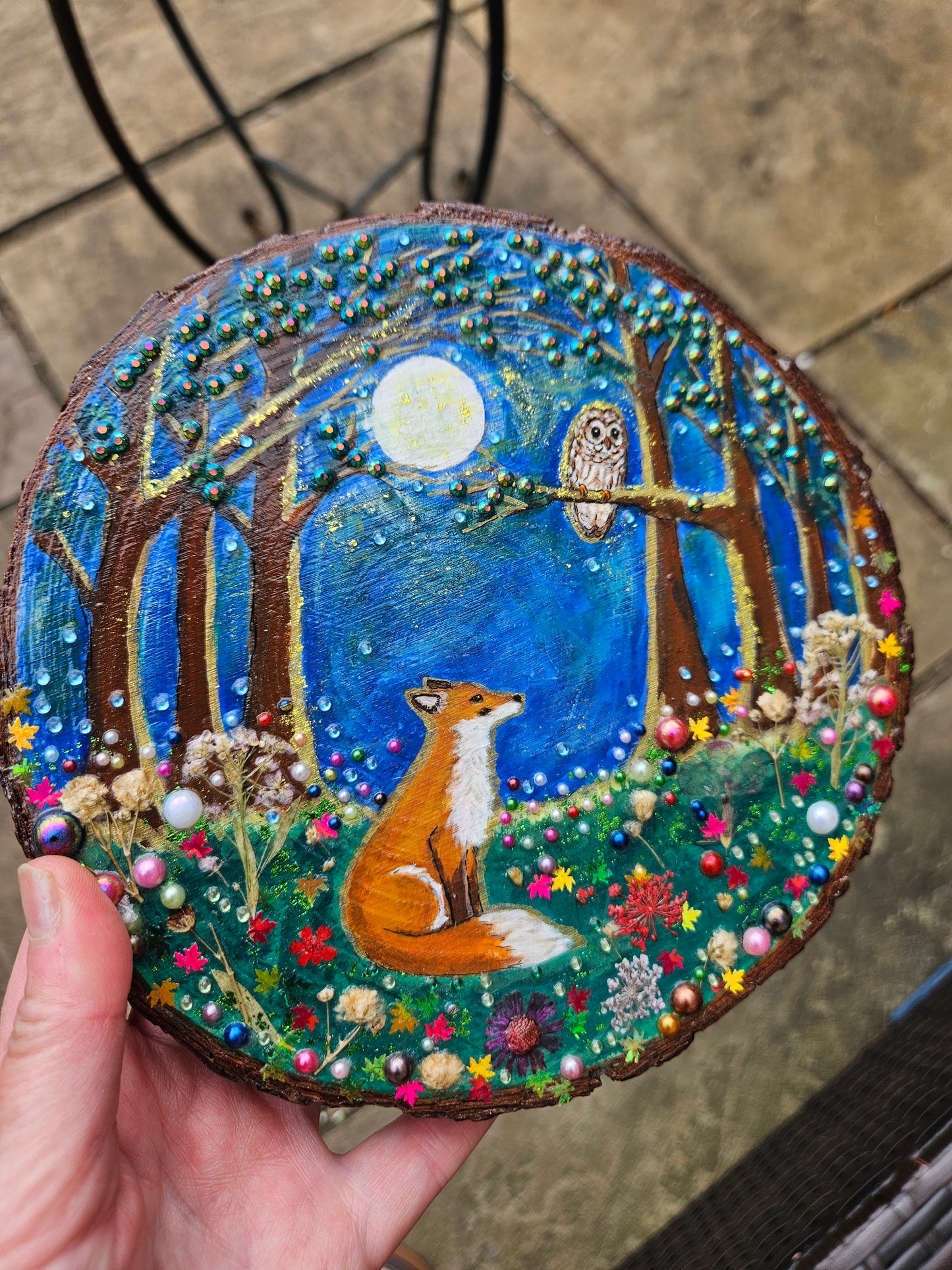 Large Wood Slice/hand painted plaque with fox and owl/whimsical and embellished painting/unique one of a kind, handcrafted artwork/new home or birthday gift for animal/whimsy lover